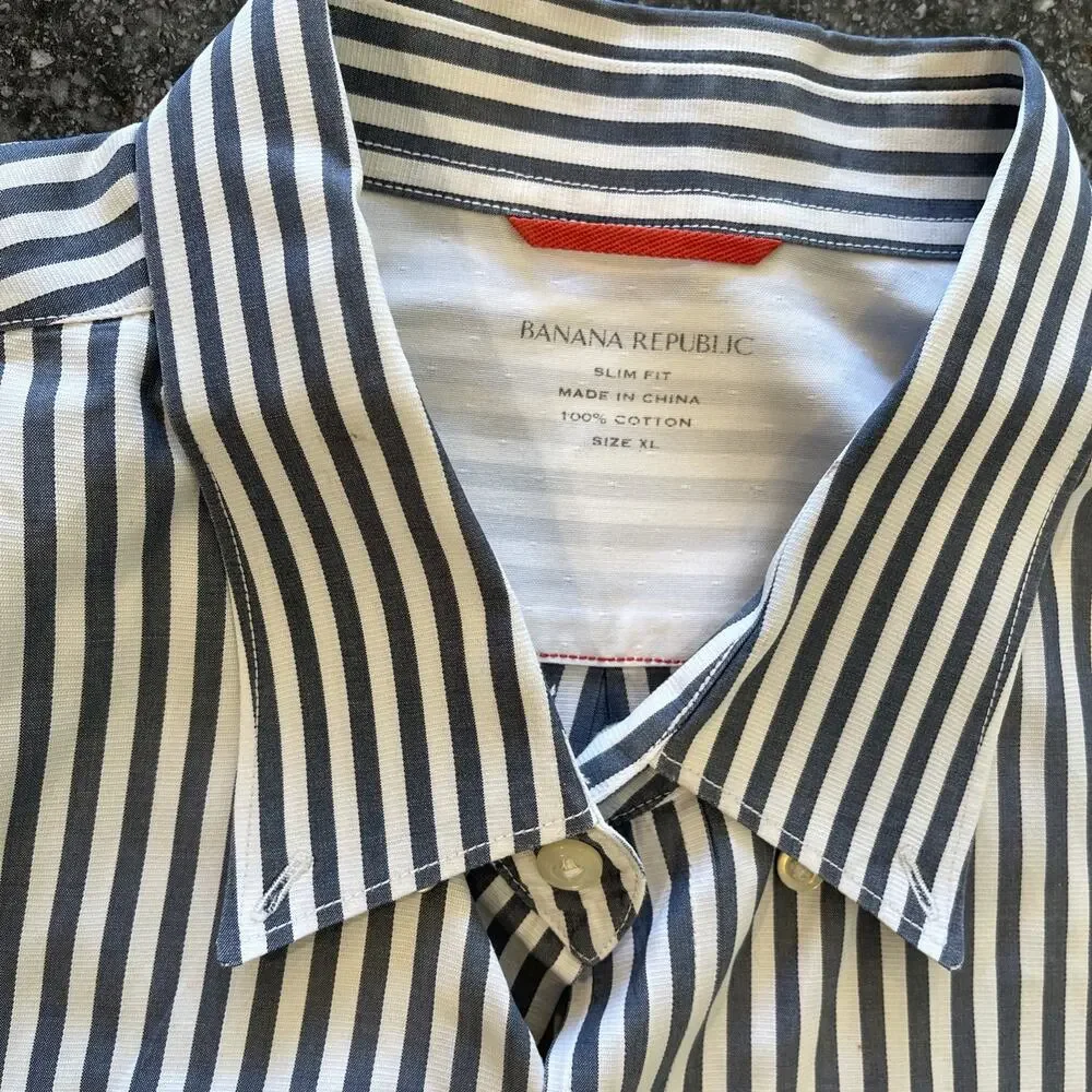 Banana Republic Mens Long Sleeve Button Up Shirt XL White Grey Striped Cotton